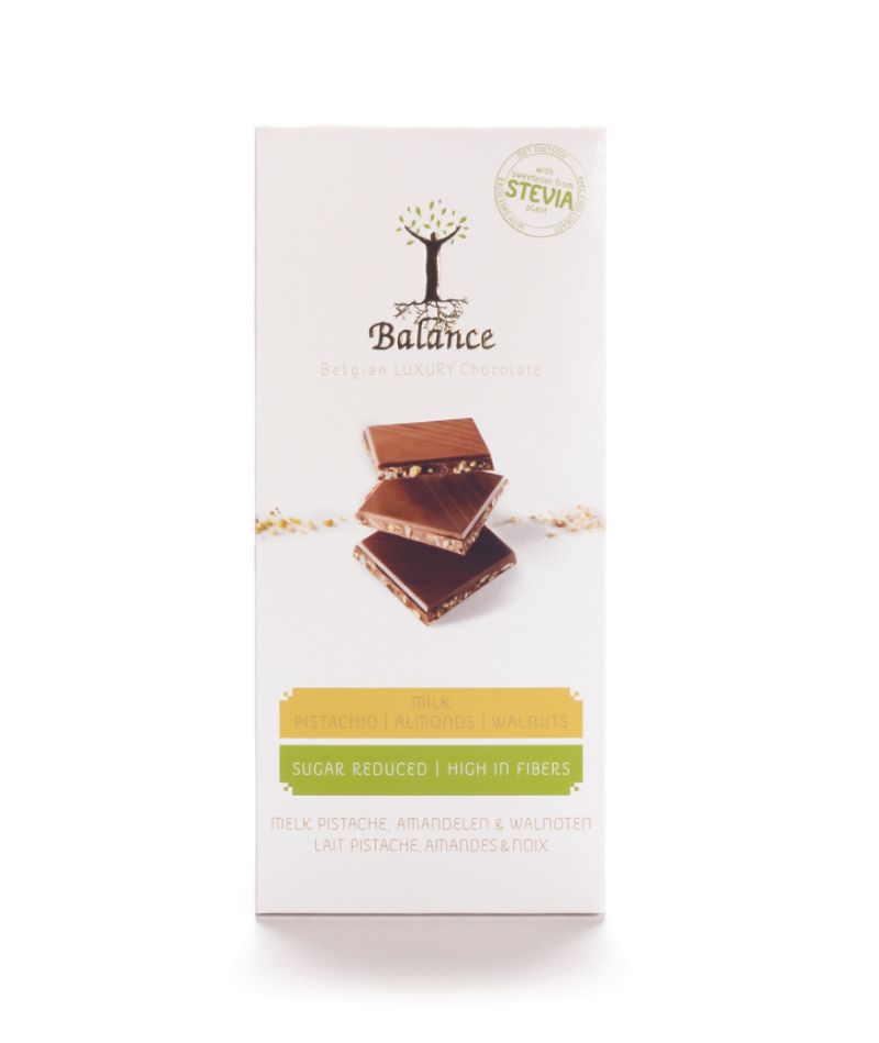 Balance Stevia Excl. Tablet Milk + Pistachio, Almonds & Walnuts 85g
