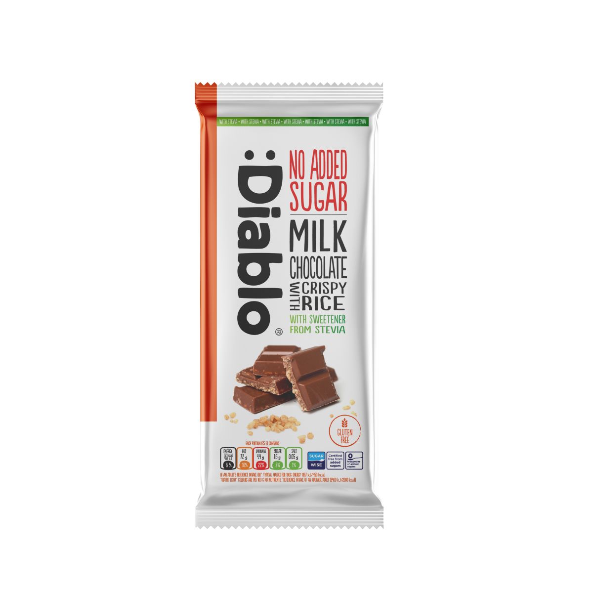Diablo No Added Sugar Stevia Milk Chocolate with Crispy Rice 75g